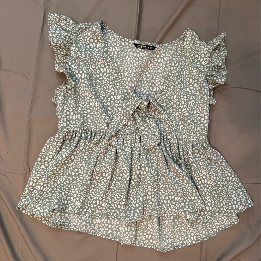 SHEIN Green and White Ruffle Blouse